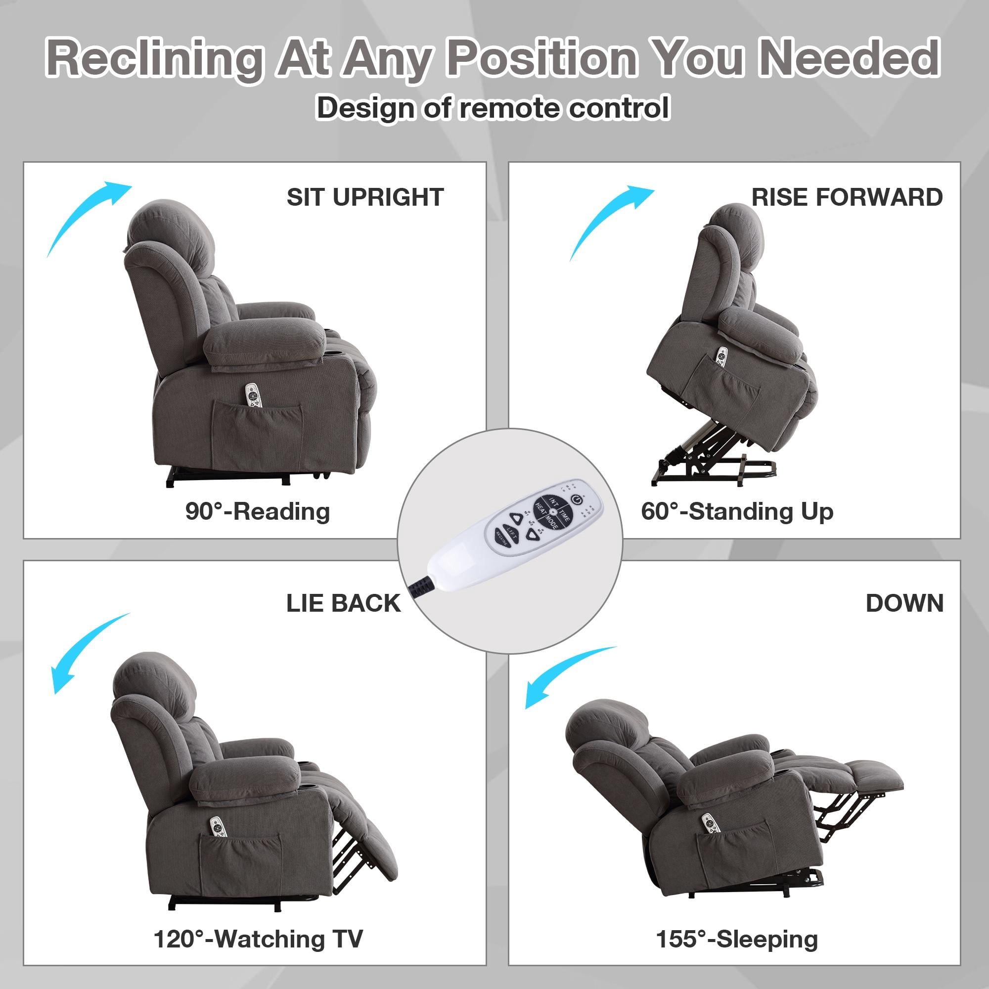 Power Lift Recliner Chairs with Massage and Heat, UHOMEPRO Electric Fabric Recliner Chair for Elderly, Living Room Furniture with USB Charge Port, 2 Cup Holders, and Side Pocket, Gray