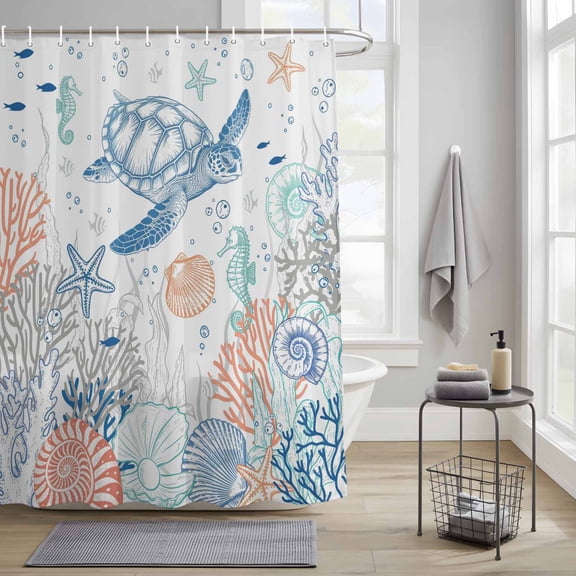 Bathroom Shower Curtain Oceans Turtles Seahorse Shells Waterproof Shower Curtains with Hooks, Colorful Marine Life Bath Curtains Bathtub Curtain Home Decor 36x72in