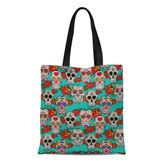 JSDART Canvas Tote Bag Sugar Skulls and Roses Dia De Los Muertos Dead Reusable Shoulder Grocery Shopping Bags Handbag