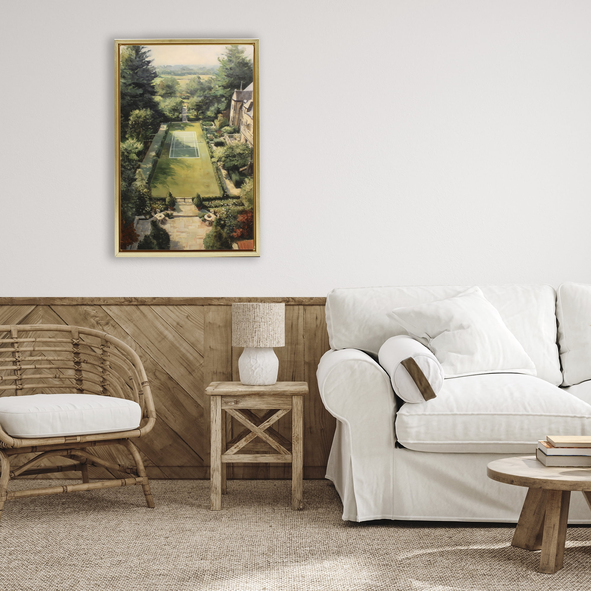 Stupell Industries Vintage Tennis At The Manor Gold Framed Floater Canvas Wall Art, design by Petal Prints Design