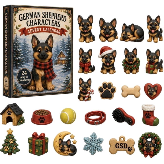 CQHVKQ Christmas Advent Calendar 2026, 24 Days Christmas Countdown Calendar of Puppy Surprise, Christmas Themed 2D Acrylic German Shepherd Ornament Advent Calendar for Dog Lover Gift, Xmas Tree Decor