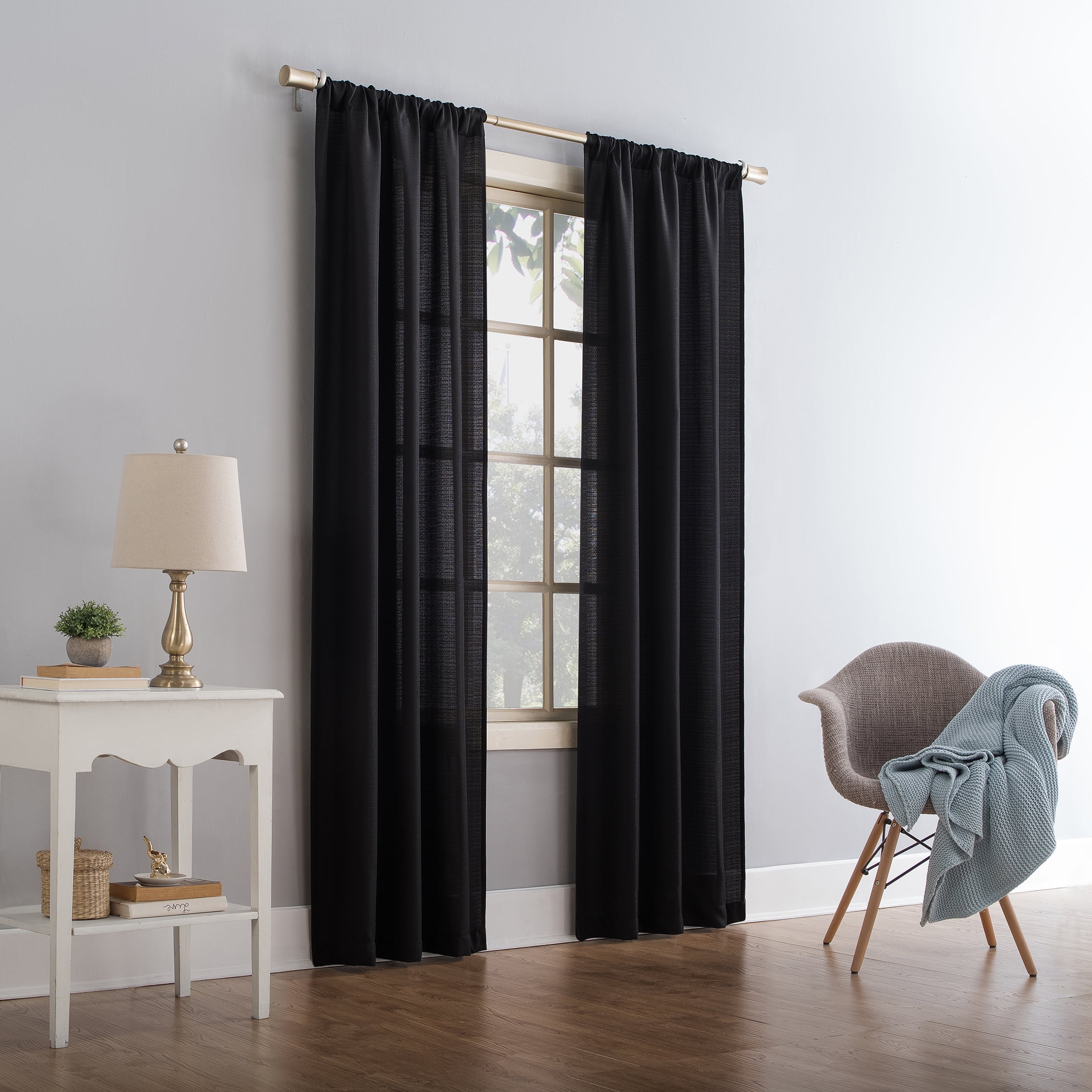 Mainstays Lauren Semi Sheer Textured Solid Rod Pocket Curtain, Single Panel, Black, 38" W x 95"L