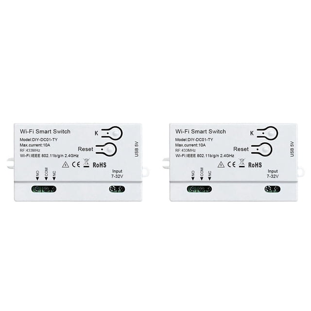 2X Tuya WiFi Smart Switch Timer 1CH 7-32V USB 5V 2.4G WiFi Home Automation Module for Home IFTT,2 x Smart Switch,White