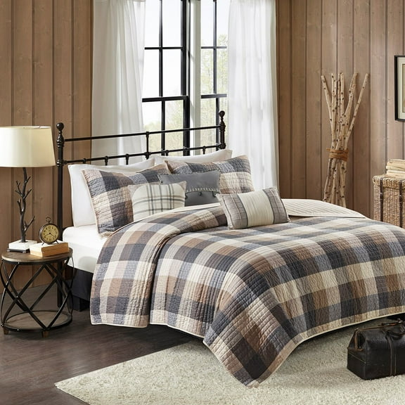 Witaxima Neutral Full/Queen 6 Piece Herringbone Quilt Set with Buffalo Plaid Print and Decorative Pillows