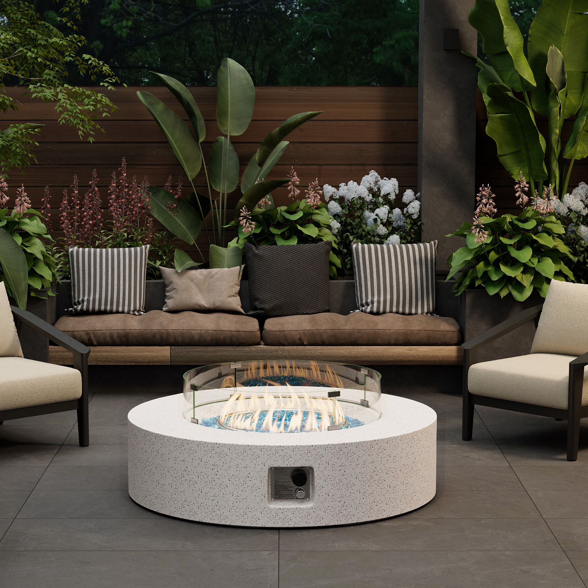 VENTOPYR Outdoor Propane Fire Pit Coffee Table, 40.5-inch Round, White Terrazzo Finish with Wind Guard, Aqua Blue Fire Glass, Rain Cover
