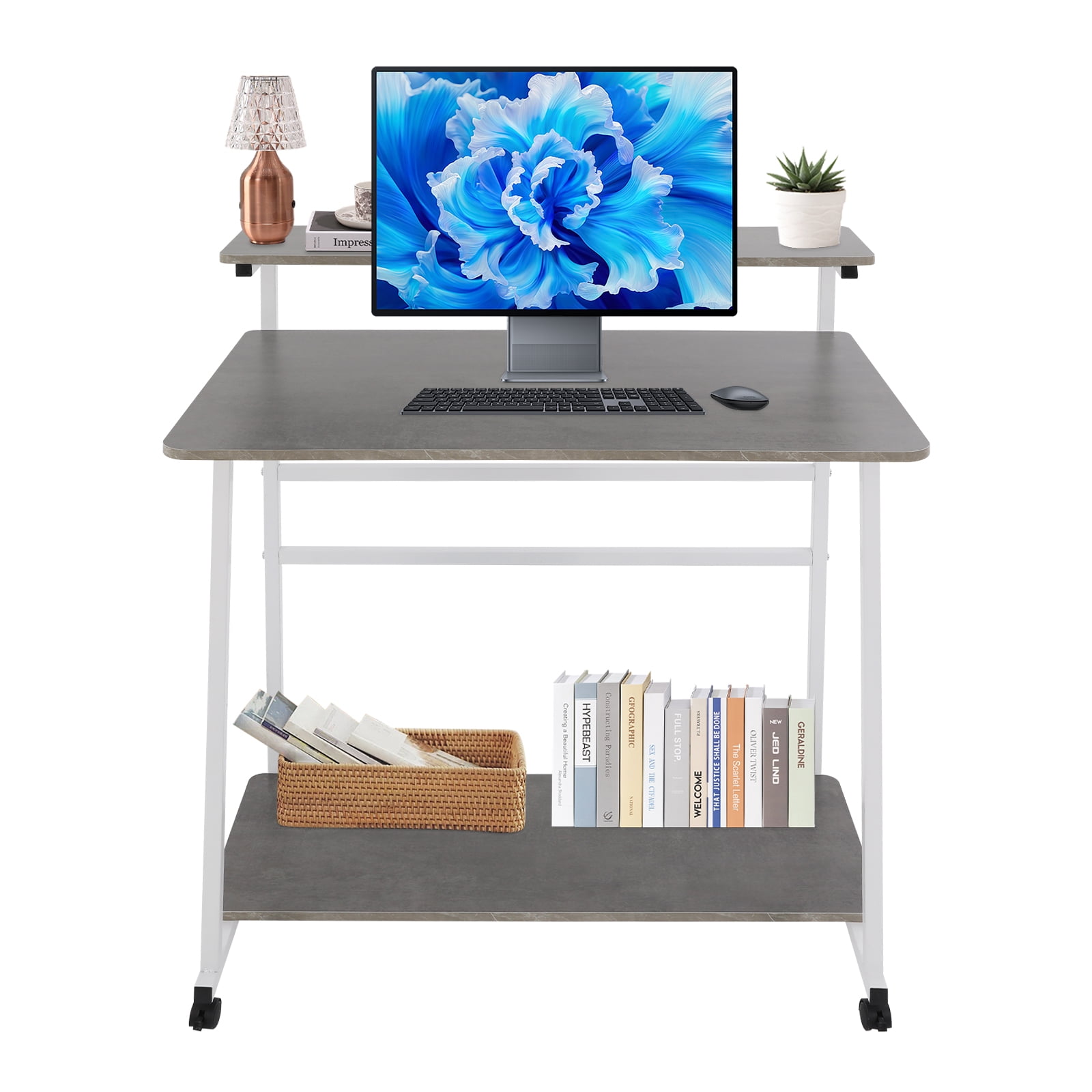 Free Standing Home Office Desk, Rolling 3-Tier Computer Desk (White+Grey)