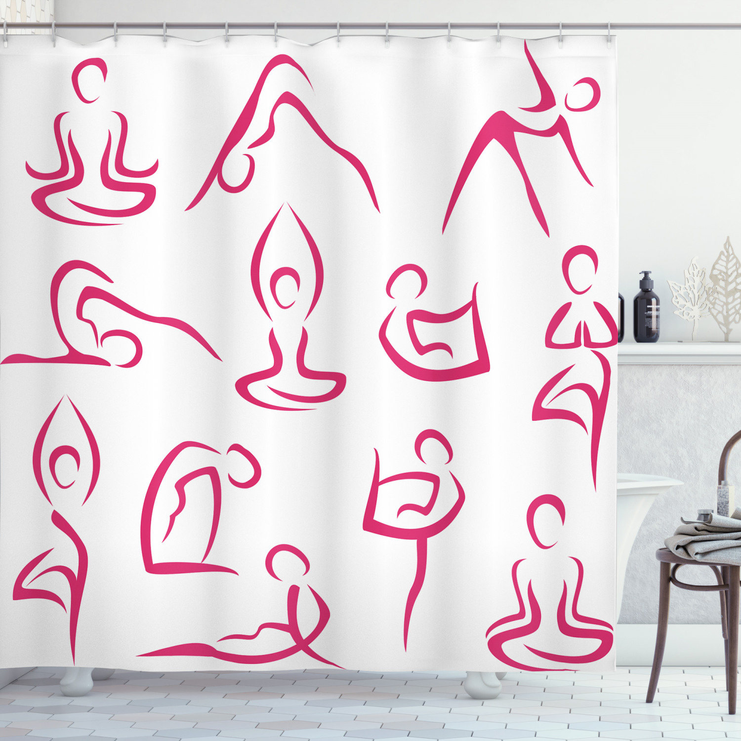 Yoga Shower Curtain, Doodle Style Women Figures Various Exercise Poses