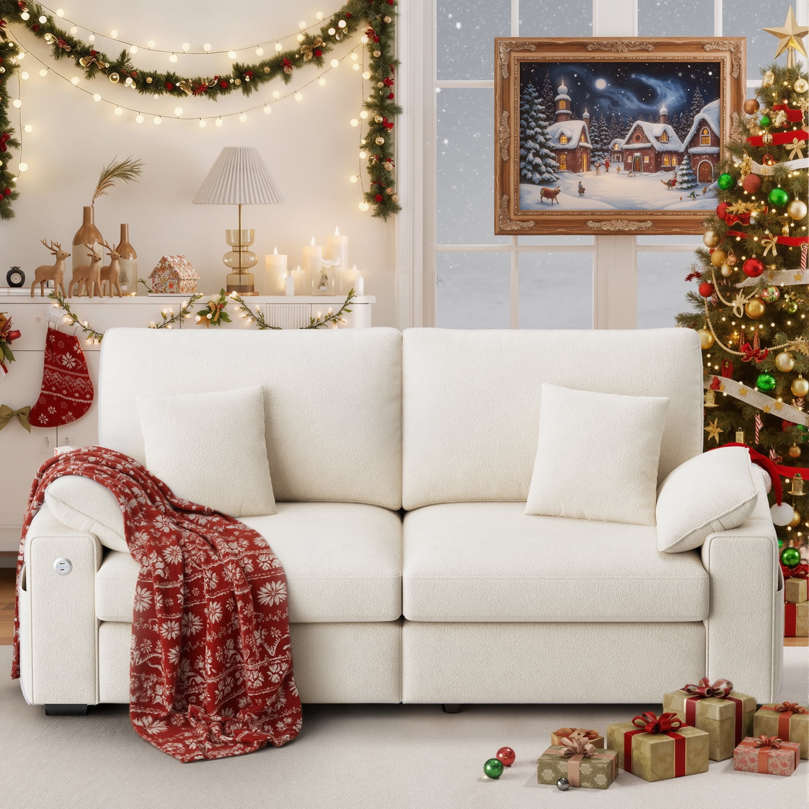 EOP 76" Loveseat Sofa, Comfy Modern 2-Seats Sofa with Pillow Armrest, USB/Type-C Port, Side Storage, Removable Cover, Deep Seat Couch, Small Couches for Small Space and Living Room, Beige