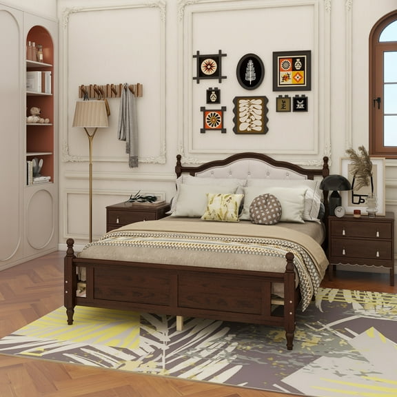 Queen Pine wooden Bed with Upholstered Headboard and Panel Footboard, with Two Bed Rail Support Feet and Central Platform Support Feet ,Classic Cherry