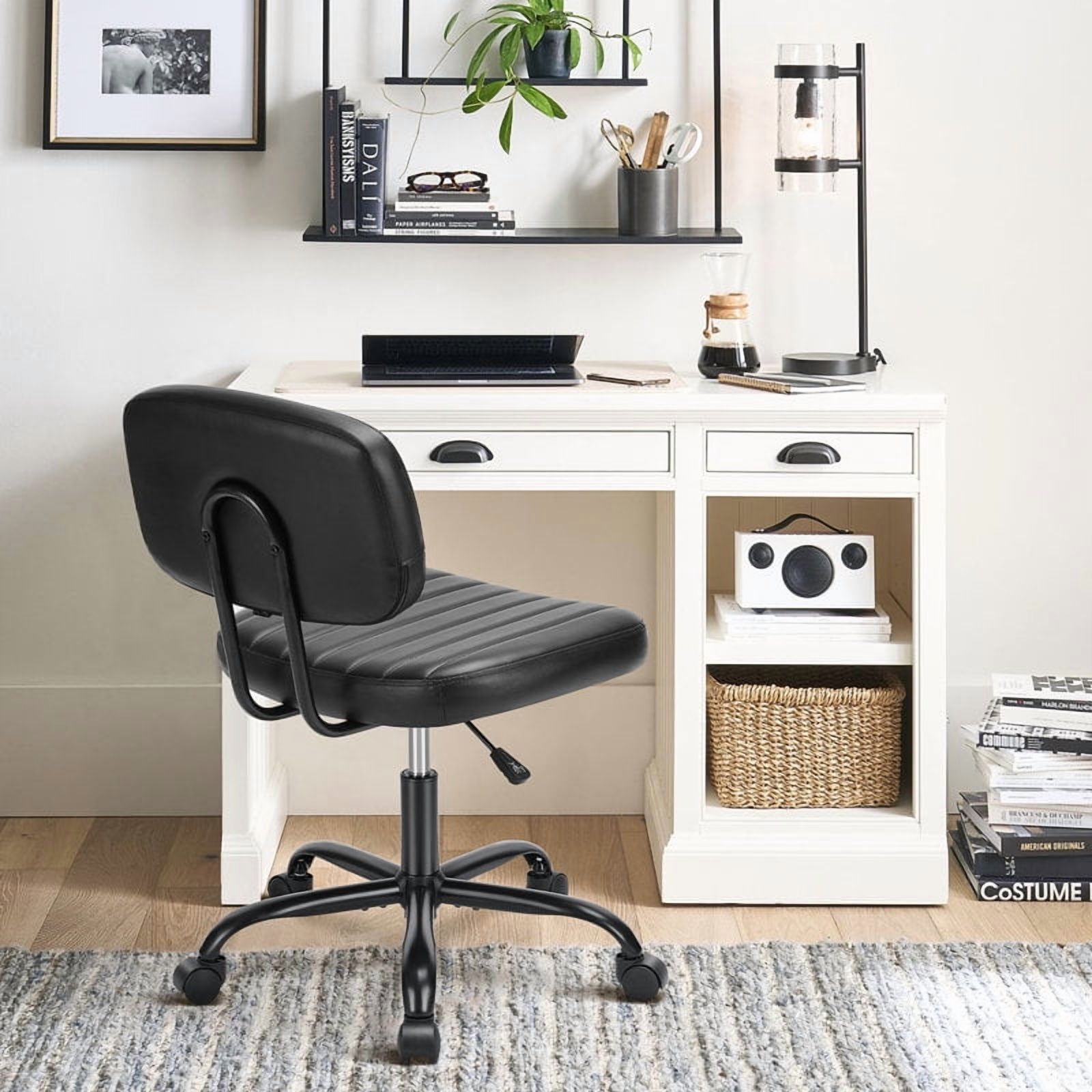 Desk Chair, Armless Activity Chair with Wheels, Comfy Low Back Swivel Task Chair, Black