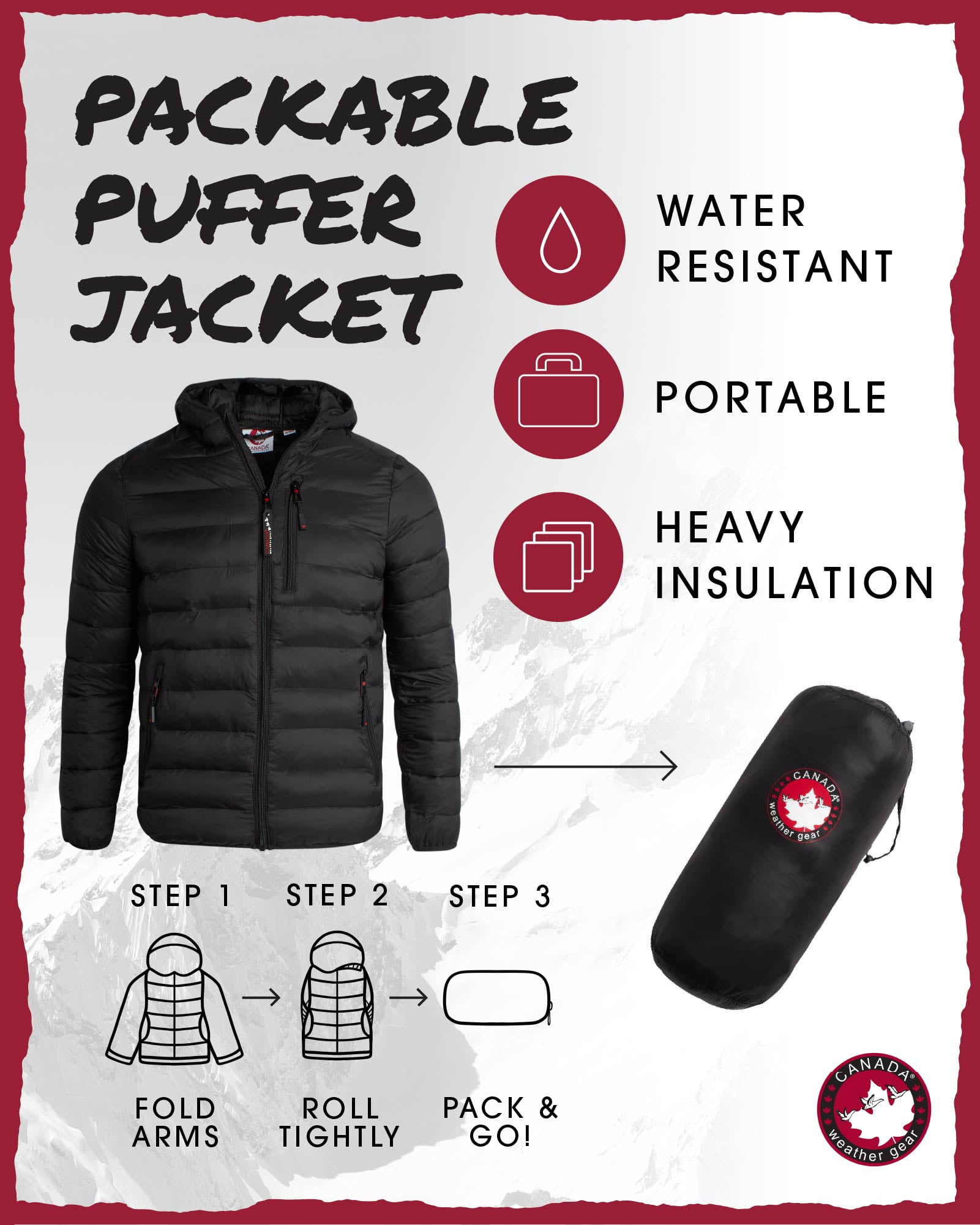 CANADA WEATHER GEAR Men's Puffer Jacket - Lightweight Nylon Packable Winter Coat for Men (M-XXL)