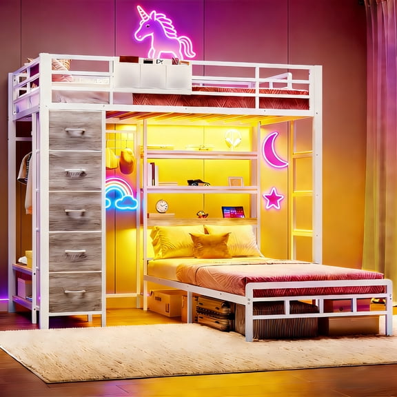 Torveric Bunk Bed Twin Over Twin with Storage Hall Tree and LED Shelves & Drawers Full-length Guardrail & Ladder White Maximize Space Saving Small Bedroom Furniture