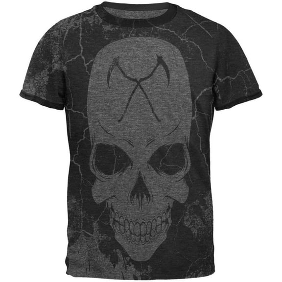 Grim Reaper Skull Distressed Mens Ringer T Shirt Dark Heather-Black 2XL