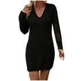 thumbnail image 2 of qolati Women Fall Dresses 2024 Casual V Neck Hollow Out Long Sleeve Mini Dress Knit Warm Bodycon Pullover Tunic Sweater Dress Black M, 2 of 9