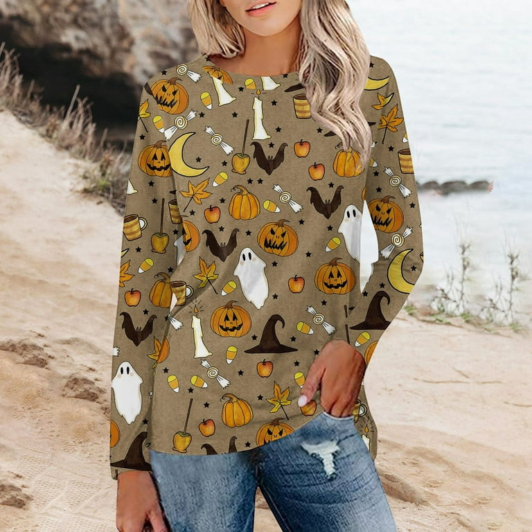 Ollysqiar Halloween Sweatshirts for Women,Womens Long Sleeve Tees Round  Neck Bar Brushed Hem Solid Color Button T Shirt at  Women’s Clothing