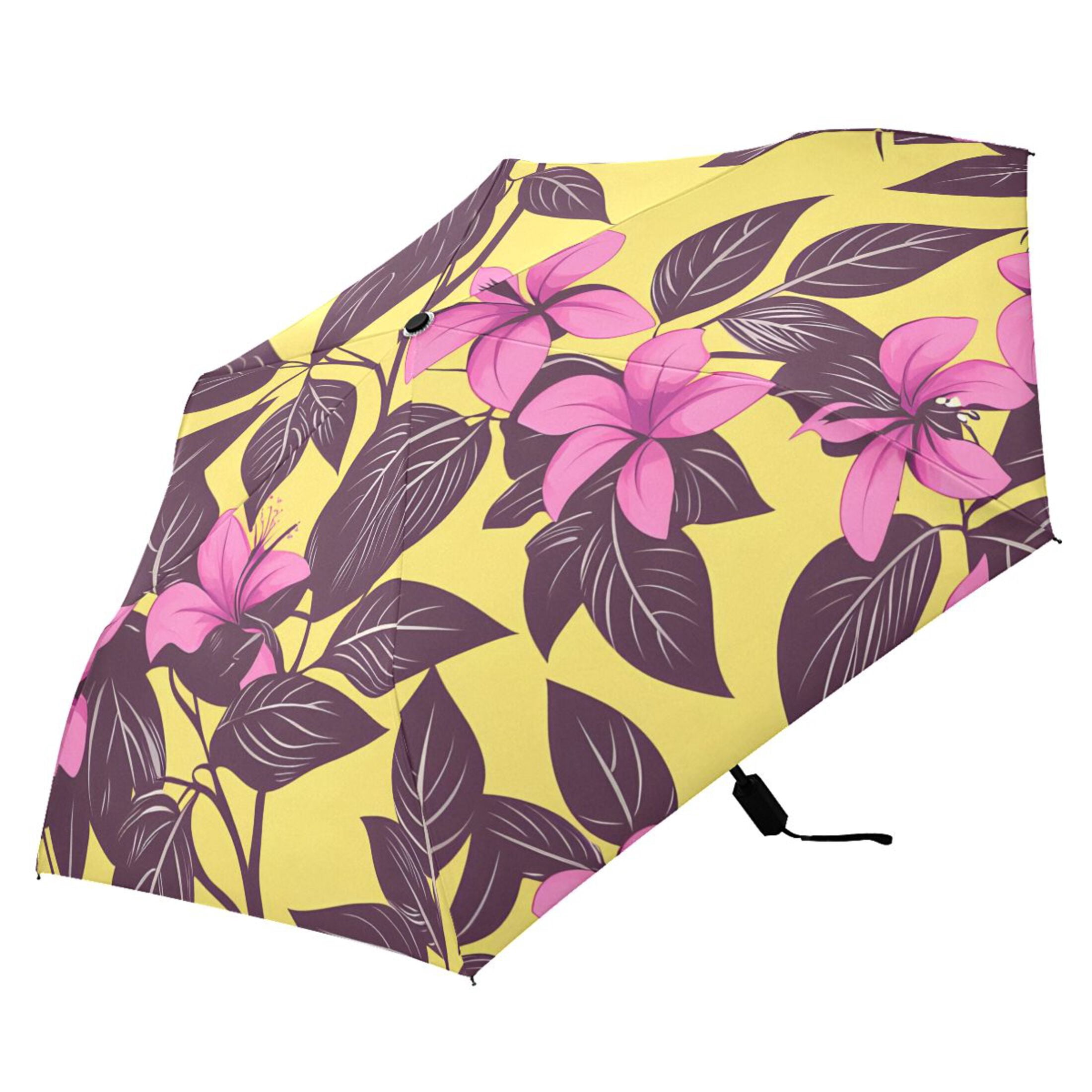 Magenta Flower and Purple Leaves Compact Sun Umbrella Windproof Travel Umbrellas for Rain Strong Portable UV Protection