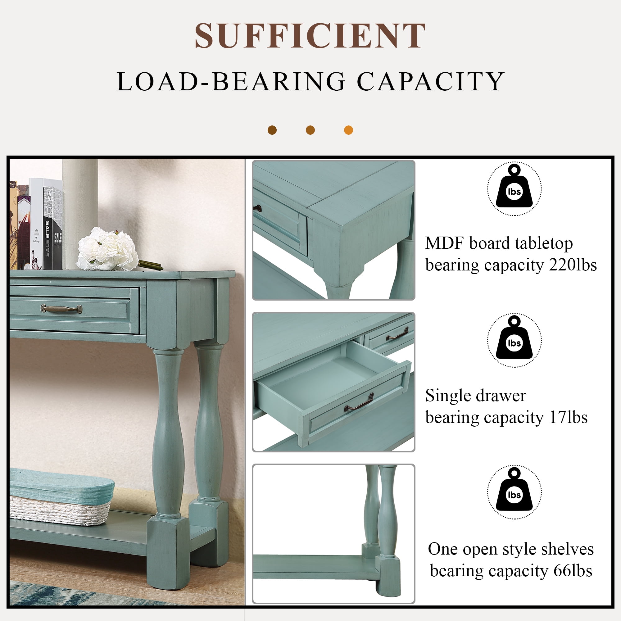Leumius 63In Long Wood Console Table with 3 Drawers and 1 Bottom Shelf for Entryway Hallway (Retro Blue)