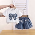 thumbnail image 7 of YHAJDS Girl 2 Piece Summer Outfits Bow Short Sleeve Crewneck Tee Elastic Waist Jeans Shorts Set, 7 of 7