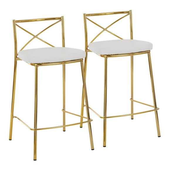 Modern Charlotte 25" Contemporary Fixed-Height Counter Stool In Gold Metal And White Faux Leather - Set Of 2