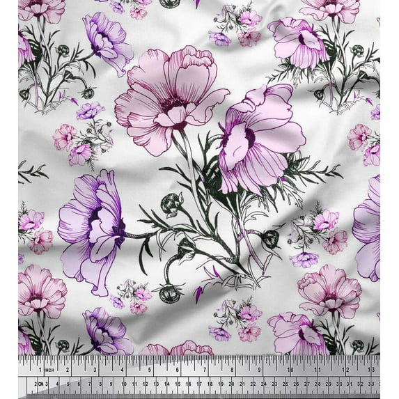 Soimoi Georgette Viscose Fabric Leaves & Anemone Flower Fabric Prints by Yard 42 Inch Wide