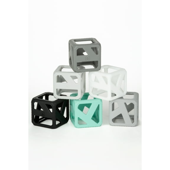 Malarkey Kids Stack N Chew Mini Cubes, Stackable and Chewable Sensory Teething Toy, 6 Pack, Monochrome