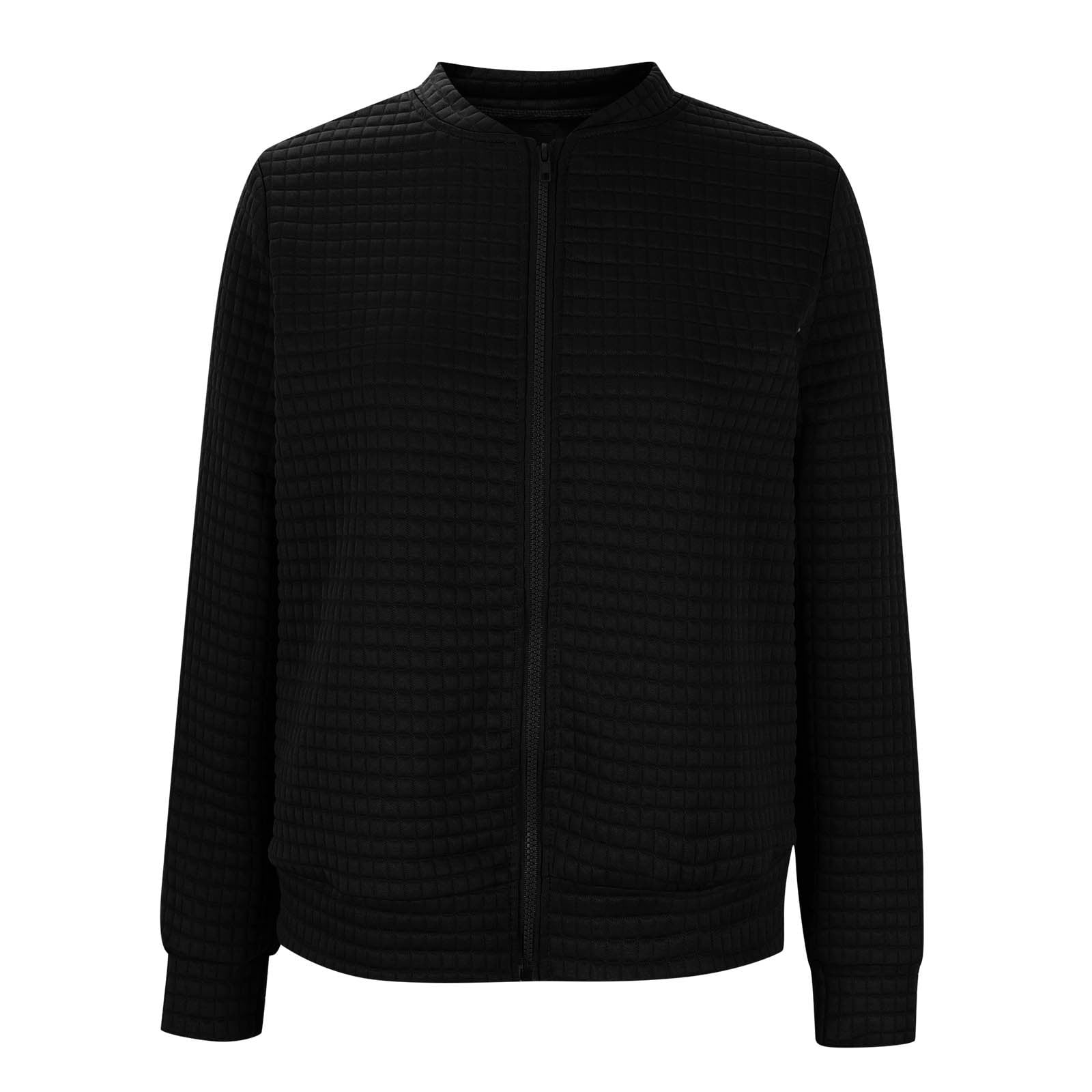 nerohusy Women's Waffle Zip Up Jackets Solid Sweatshirts Stand Collar Casual Long Sleeve Outerwear Baseball Coat Fall Jacket 2025 Black,XL
