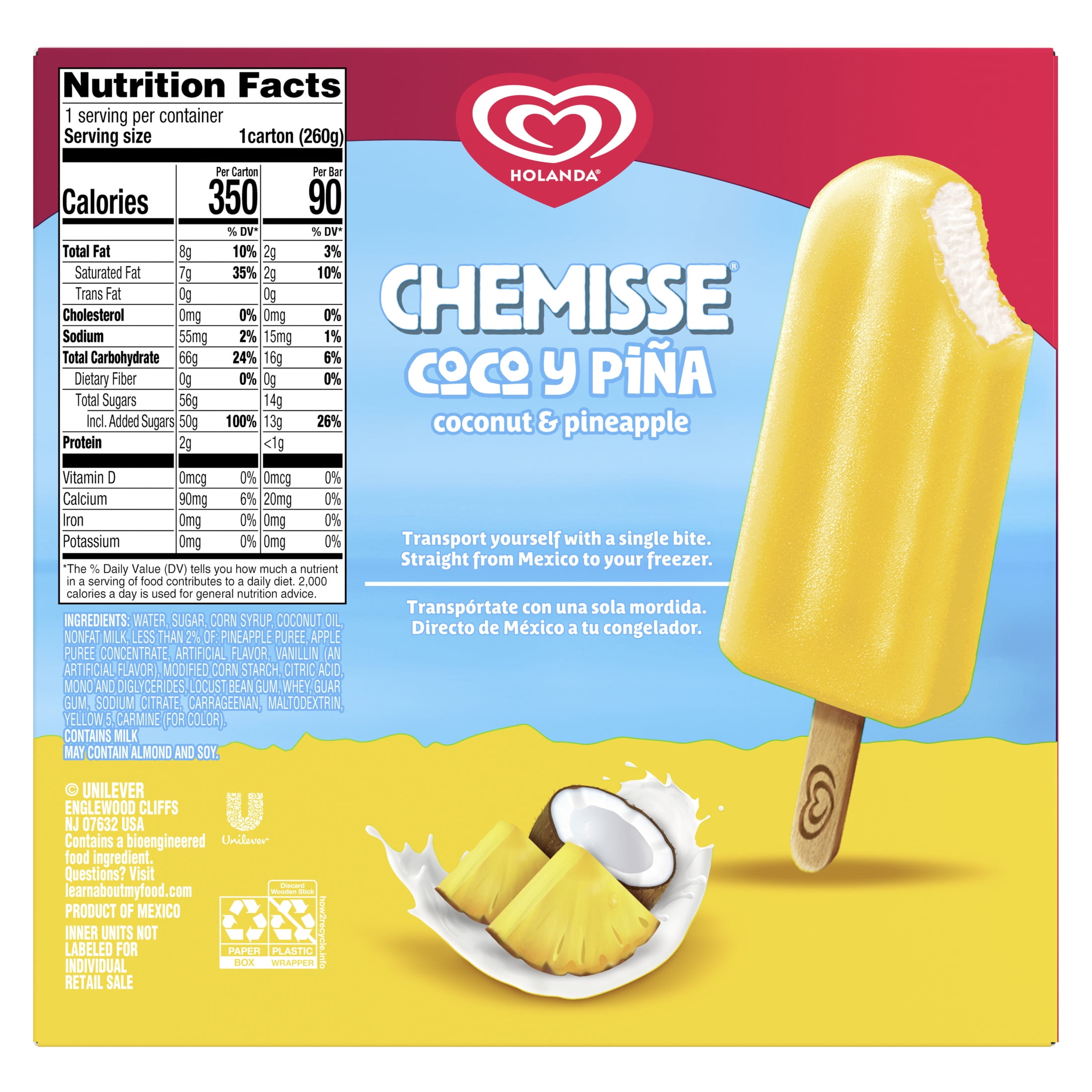 Holanda Chemisse Coconut & Pineapple Mexican Fruit Ice Pops Frozen Dessert, 4 Count