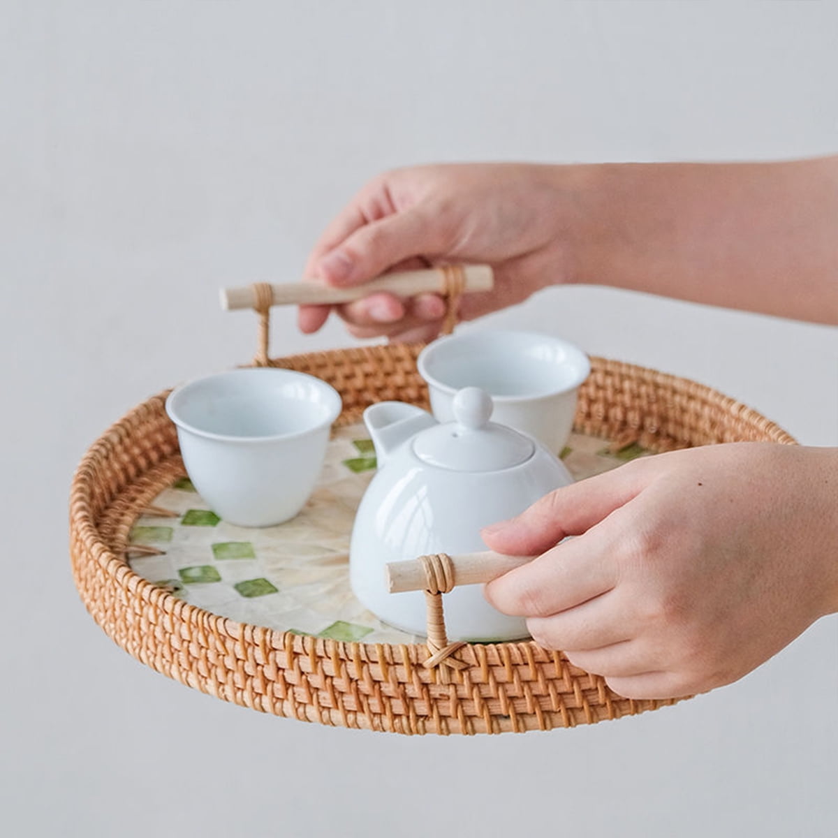 Round Rattan Wicker Woven Tray Basket with Shell Wooden Base and Handle for Fruit Bread Serving, Coffee Table Tray, Vanity Ottoman Tray Organizer for Kitchen, Storage Display