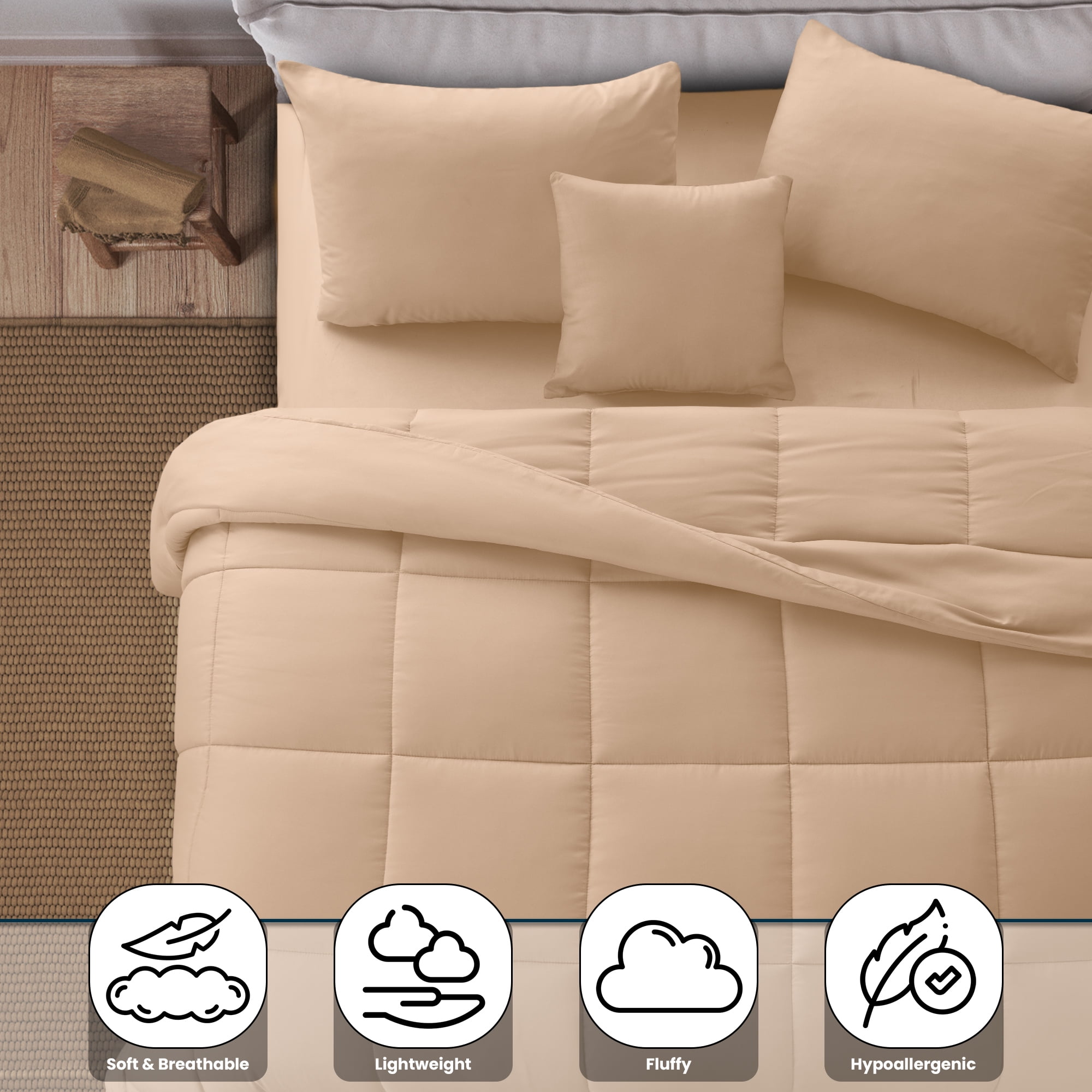 Lux Decor Twin Comforter Set 4 Piece - Ultra-Soft All-Season Bedding Set Includes Down Alternative Comforter, Pillow Sham, Decorative Cushion & Bed Skirt (Beige)