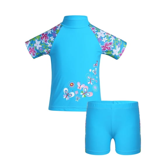 iEFiEL Girls Short Sleeves Rash Guard and Shorts 2pc Set Swimsuit Sky Blue 8-10