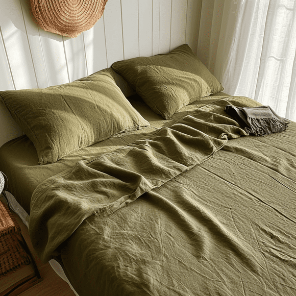 Q VITA French Linen Sheet Set, King Size, 4-Piece Bedding for Adults – Olive Green, Enzyme Washed, 14" Deep Pocket, OEKO-TEX Certified