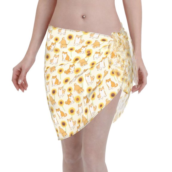 KLL Shiba Inu Sunflower Print Women's Sarong Coverups Short Bathing Suit Wrap Skirt Beach Wrap Swimsuit Cover Ups