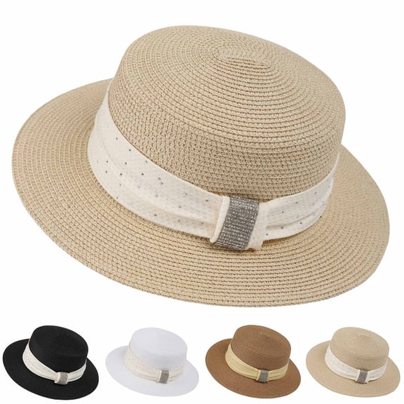 UTSJKR Womens Flat Crown Wide Brim Sun Hat with Rhinestone Fabric Band for Summer Local Fair Stroll Afternoon Tea Downtown Errands Wrinkle Resistant Lightweight Travel Hat White