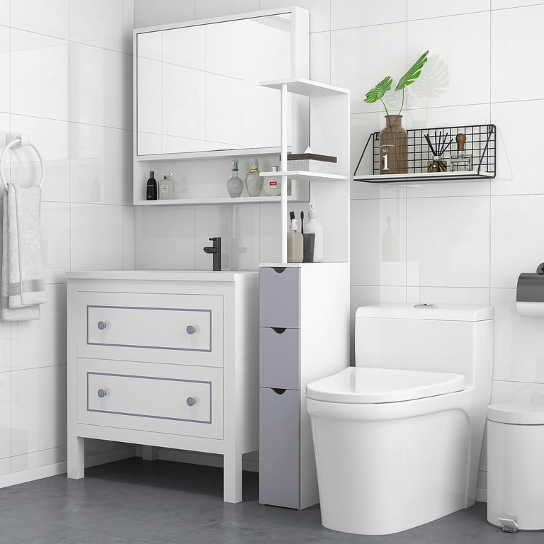 3-Tier Slim Bathroom Organizer Freestanding Floor Storage Narrow Cabinet  with 2 Drawers