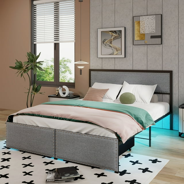Gymax Queen Size Bed Frame w/ 2 Storage Drawers LED Lights Slats Support Modern
