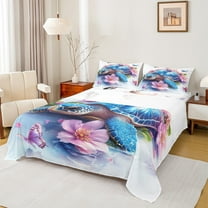 Feelyou 3D Sea Turtle Child Queen Sheet Sets, Pink Cherry Blossoms Flat Sheet, Modern Fashion Style Queen Fitted Sheet, Super Cozy Room Decor, 4 Pieces