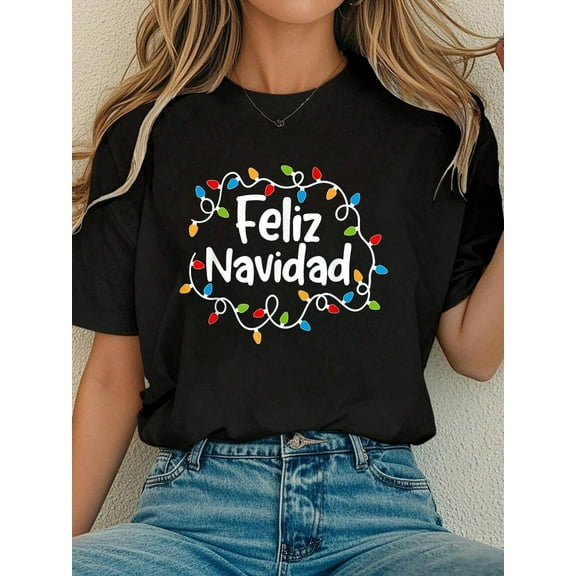 Women Cotton Tshirt Feliz Navidad Merry Christmas Xmas Lights Family Pajamas T-Shirt Comfort Tshirt Women