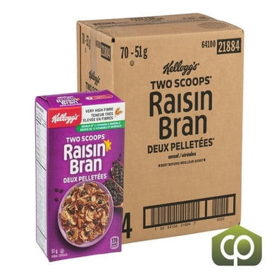 Kellogg's Raisin Bran Céréales 51g (70/caisse) - Flocons de Son Croustillants - 1,8 lbs