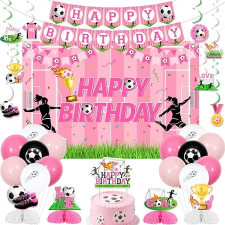 Soccer Birthday Party Decoration Girl, Pink Soccer Theme Backdrop Banner Cake Topper Honeycomb Centerpiece Hanging Steamer Latex Balloon for Sport Theme 8th 10th Birthday Decoration