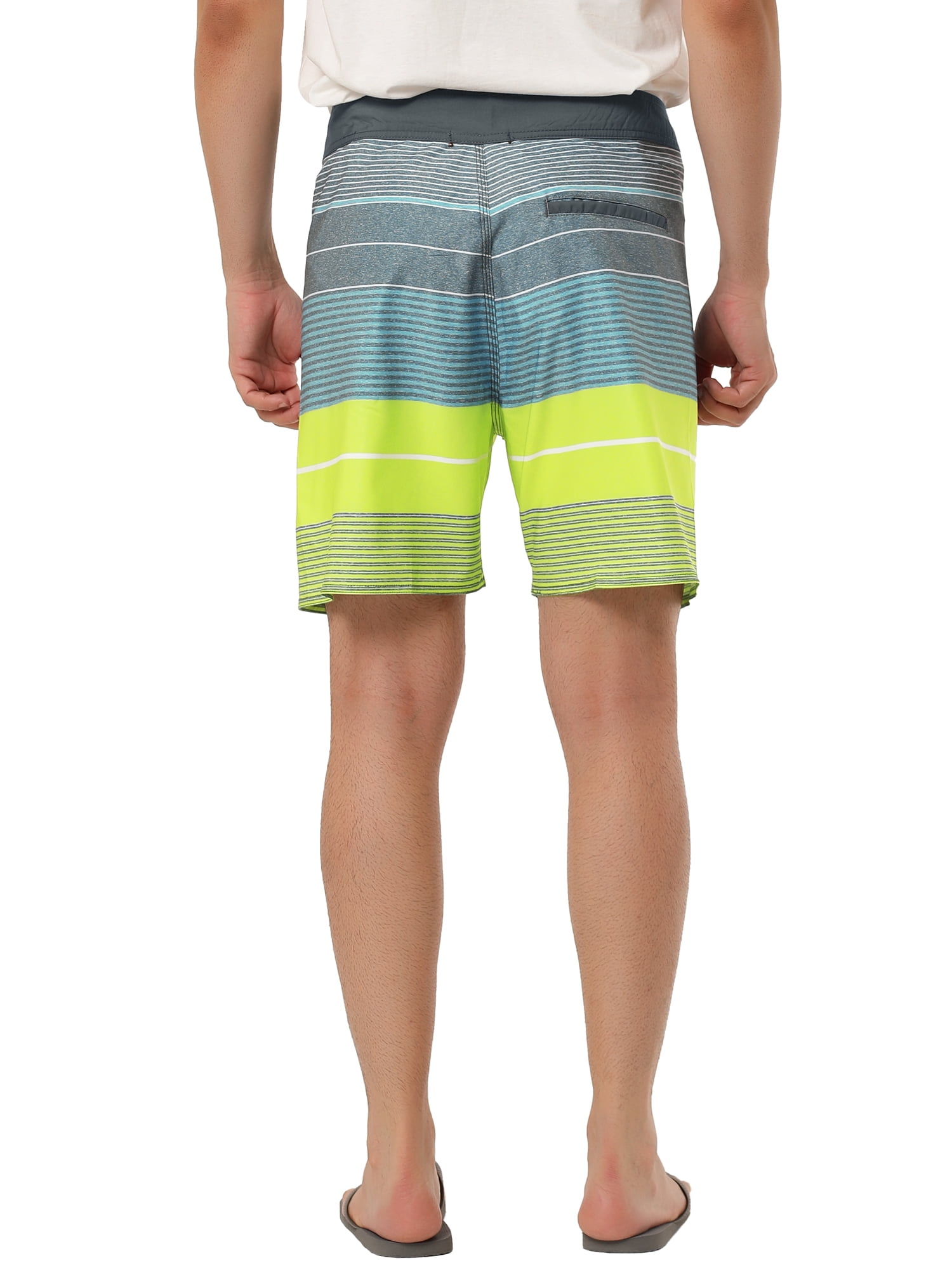 Unique Bargains Men's Summer Printed Drawstring Color Block Swim Beach Shorts 30 Yellow Blue