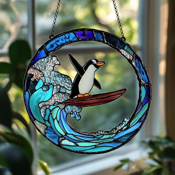 Surfing Penguin Faux Glass Suncatcher fullxfull Ocean Wave Theme Window Hanging, Summer Beach House Decor, Cute Penguin Lover Gift Idea