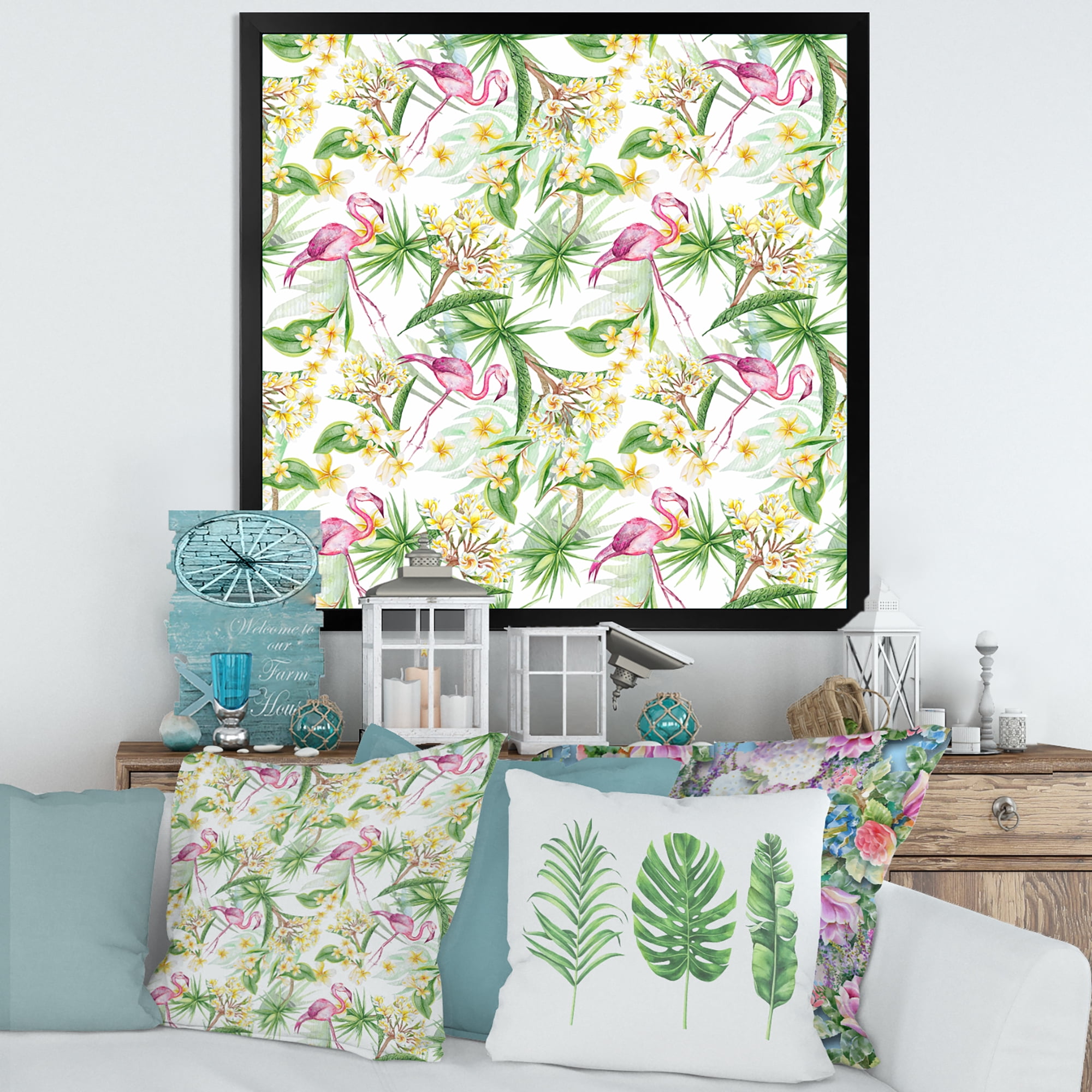 Designart 'Yellow Flowers, Tropical Foliage With Flamingo IV' Modern Framed Art Print