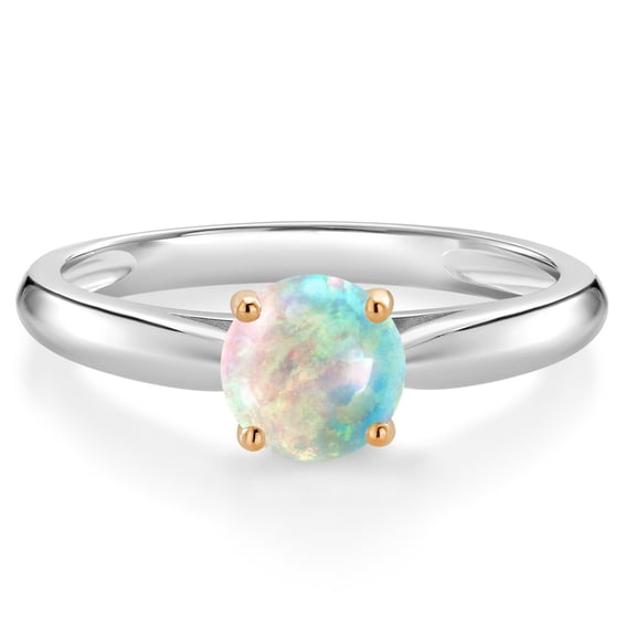 Gem Stone King 0.30 Ct Round Cabochon White Simulated Opal 10K White and Yellow Gold Solitaire Engagement Ring (Size 6)
