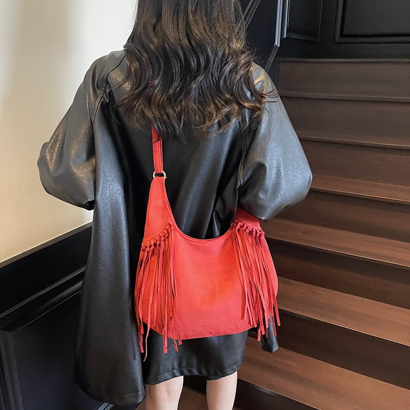 Crossbody Bags for Women, Women Faux Suede Tassel Handbag Adjustable Strap For Work Travel (Red)