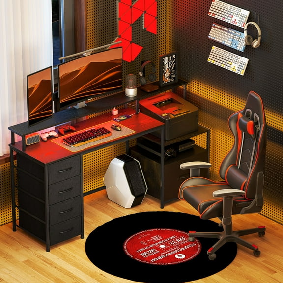 HOMCOM 67" Computer Desk with File Cabinet, Home Office Desk with Power Outlets and LED Lights, Monitor Stand and Printer Shelf, Distressed Black