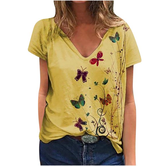 matoen Woman Summer Causal Fashion Tops Sexy Deep V-Neck Short Sleeve Blouse Loose Daily Butterfly Printed T-shirt