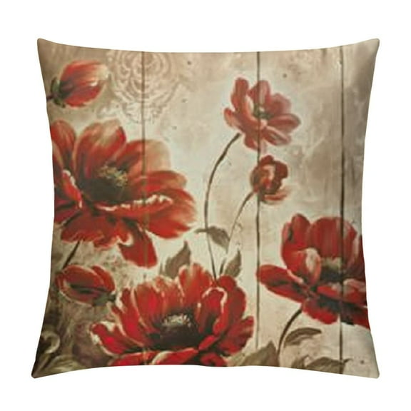 Floral Throw Pillow Covers Red Poppy Flowers Pillow Covers Rustic Spring Summer Decorative Cushion for Outdoor Patio Couch Home