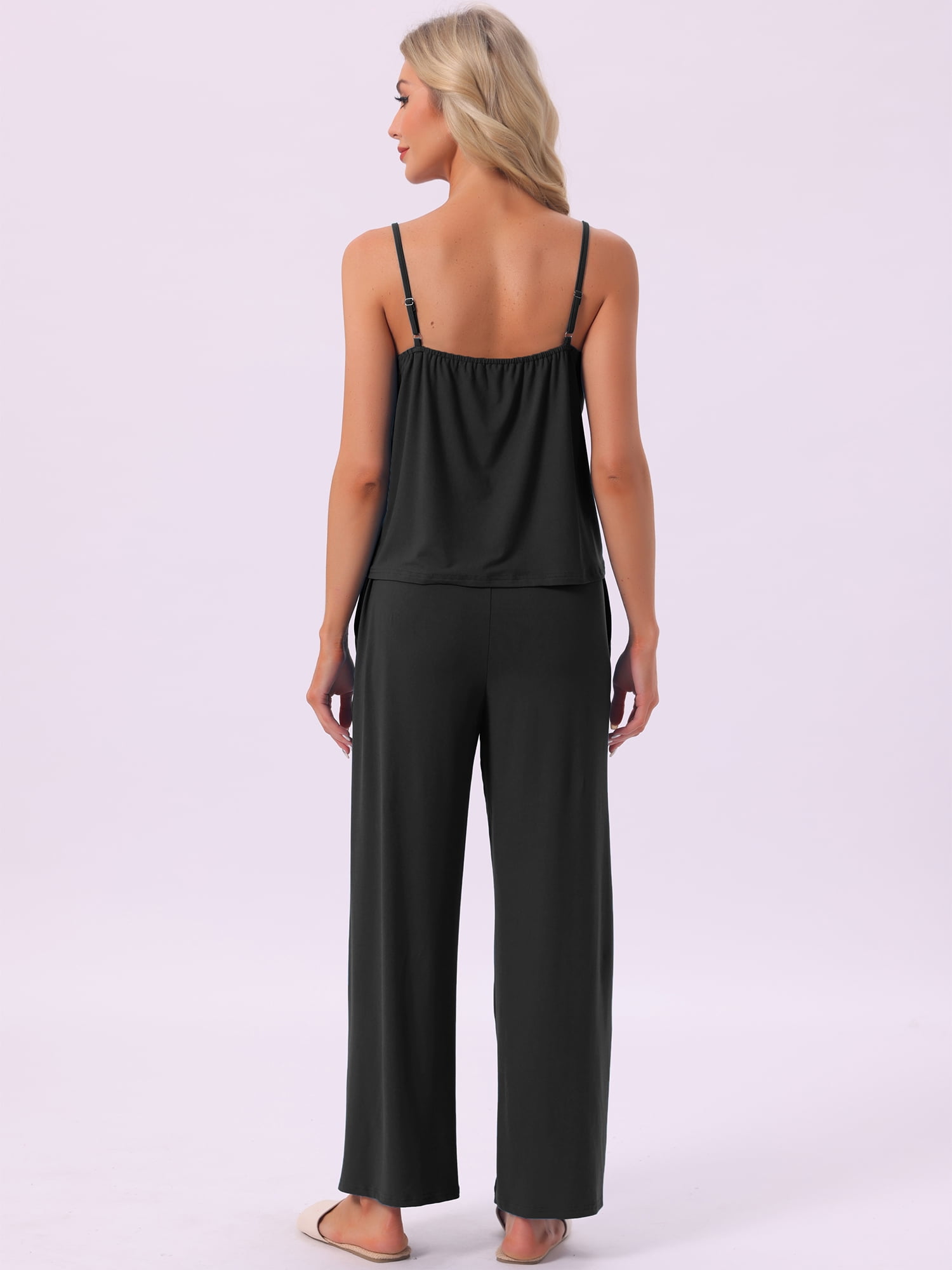 DARING DIVA Women's Cami Tank Top and Pants Pleated Pajama Sets with Pockets S Black