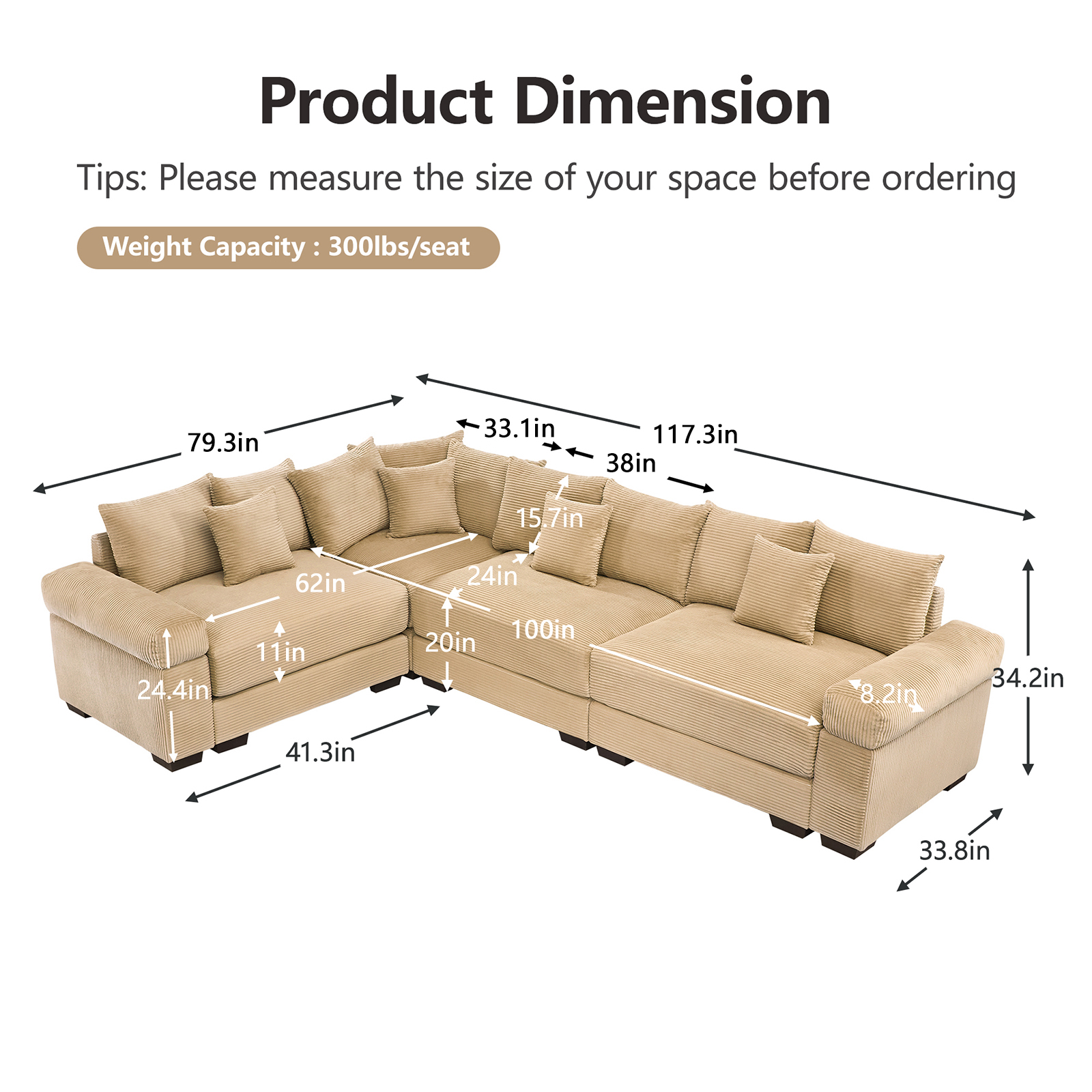 117" Modern Corduroy Sectional Couches for Living Room, Comfortable Corner Couch Sofa, Camel 3 Seater Corner Couch for Flexible Layout, Muebles para la Sala, Oversized Sofa Set