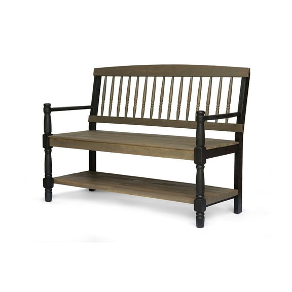 M optimized 51" Outdoor Farmhouse Bench, Garden Wood Bench with Armrest, Picnic Long Bench Chair with Storage Shelf, Rectangular Dining Seat for Porch Yard Patio